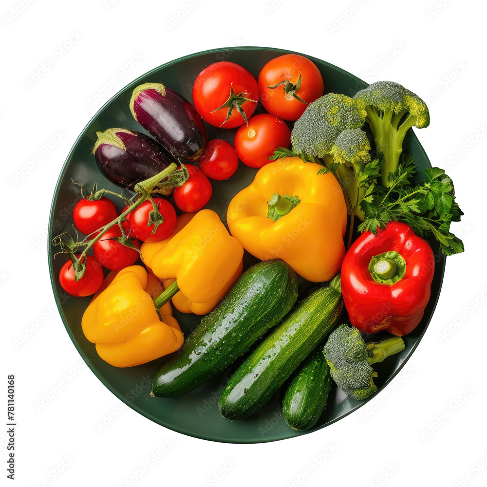 Various vegetables on a plate against transparent Background