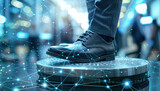 Person stepping onto a futuristic platform illuminated by a network of blockchain nodes representing technology and innovation in business.