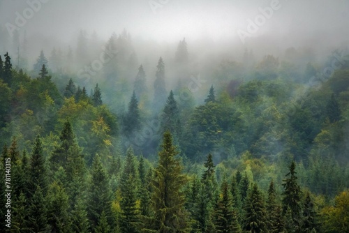 Fototapeta Naklejka Na Ścianę i Meble -  As dawn embraced the forest, a mystical veil of mist delicately enveloped the towering trees, casting an ethereal ambiance where whispers of unseen creatures echoed through the tranquil haze.