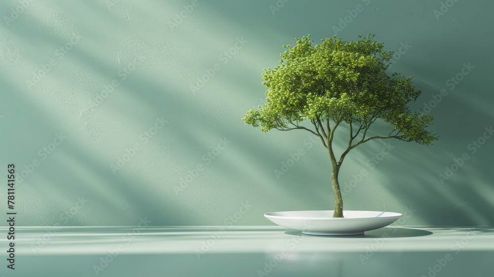 Conceptual Image of a Lone Tree Growing in a Bowl on a Green Background, Symbolizing Growth and Sustainability Conceptual Image of a Lone Tree Growing in a Bowl on a Green Background, Symbolizing Growth and Sustainability