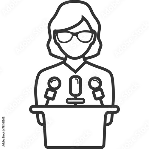 woman with podium and microphones line icon, press conference