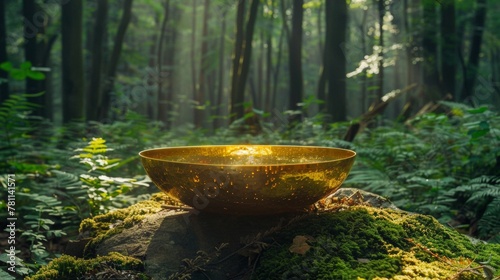 Serene Forest Meditation Scene with Golden Singing Bowl at Sunrise
