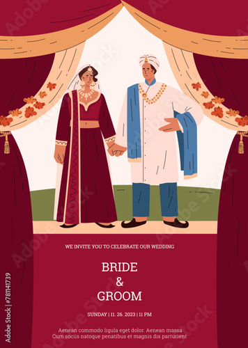 Wedding invitation design featuring a cartoon bride and groom in traditional Indian attire