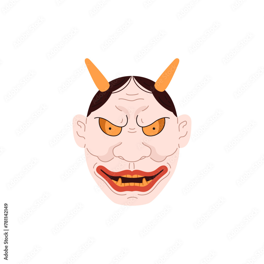 A vector icon of a Japanese Kabuki demon mask with yellow horns on a white background A vector icon of a Japanese Kabuki demon mask with yellow horns on a white background