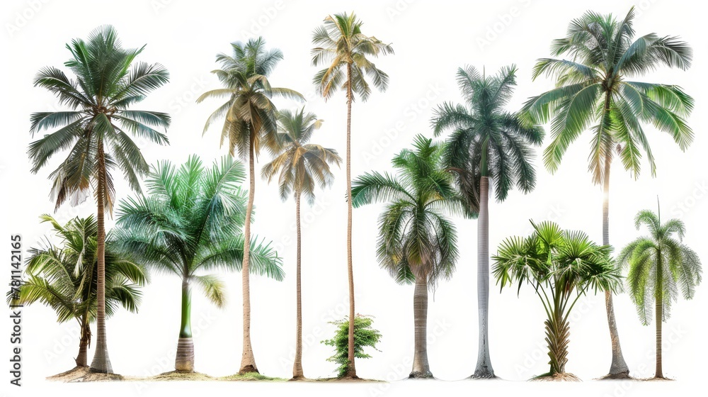 A coconut tree and palm tree isolated on a white background. Trees with large trunks are growing in the summer.