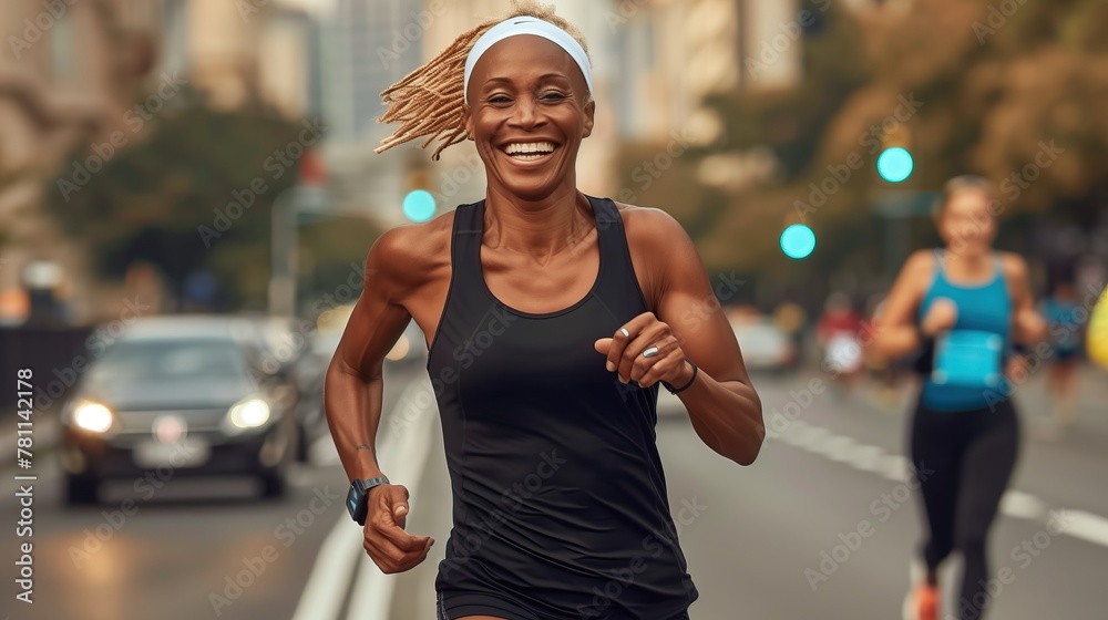 happy woman competing in a road race or marathon