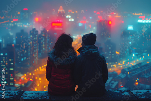A young couple seated on a skyscraper rooftop amidst city lights