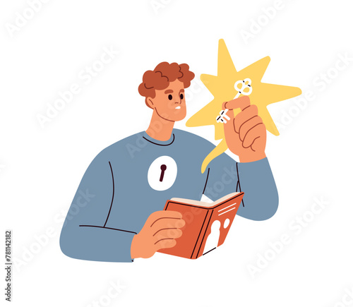 Reading book, studying, learning. Key to knowledge, education concept. Man finding answers in literature, ideas, unlocking secrets. Flat graphic vector illustration isolated on white background