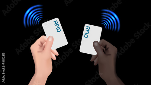 Hands hold an RFID card, swiping and presenting to the RFID reader in offices, airports, metros, buses, and subway ticket validators. Wireless, contactless, and cashless payments concept. Vector. photo
