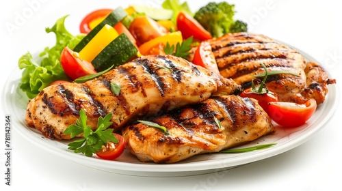 Grilled chicken and vegetables on white background
