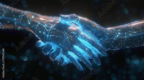 Holographic projection illuminated wire frame handshaking technology background