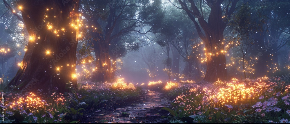 Enchanted forest with magical lights and flowers