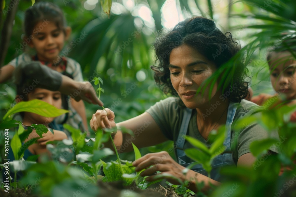 Diverse Family Gardening Together in Lush Greenery, Eco-Friendly Outdoor Activity