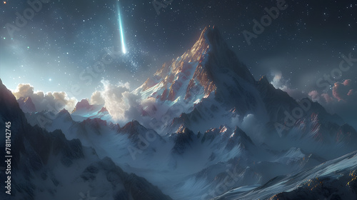 Aurora borealis over mountainous landscape with meteor strike and Milky Way. Science fiction and space exploration concept. Poster design with realistic textures and black background. Scenic landscape photo