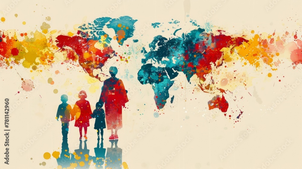 Silhouette of a Woman and Children Against Colorful World Map Backdrop in Artistic Concept Silhouette of a Woman and Children Against Colorful World Map Backdrop in Artistic Concept