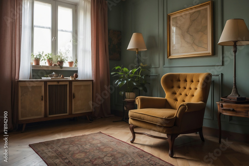 Elegantes traditionelles Wohnzimmer mit Samtsessel und antikem Schrank unter einer historischen Landkarte photo