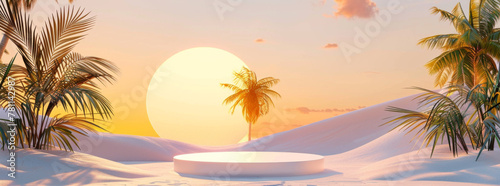 3D render of an abstract tropical background with palm trees  a sunset and a round podium in pastel colors