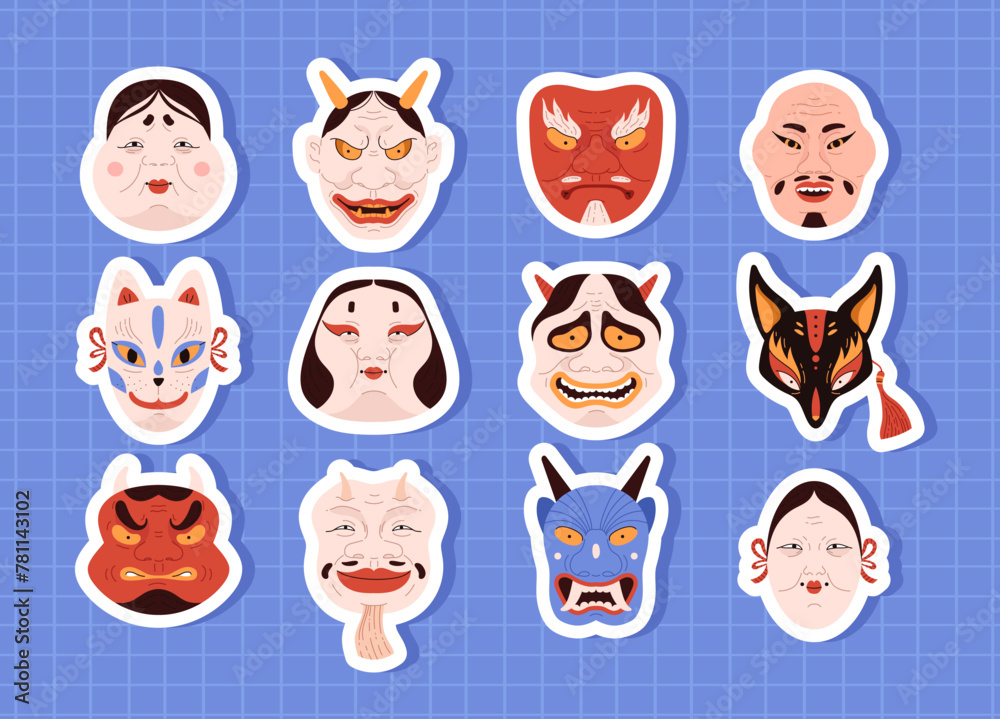 Fototapeta premium Set of different stickers with kabuki masks or makeup flat style