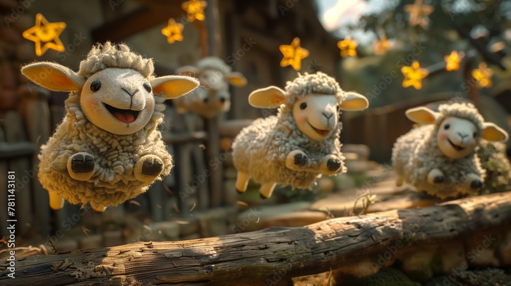 Naklejka premium Animated Sheep Jumping Over Fence in Rustic Farm Setting with Star Ornaments. 3D Illustration of Nursery Rhyme Concept for Children's Books and Bedtime Stories Design.