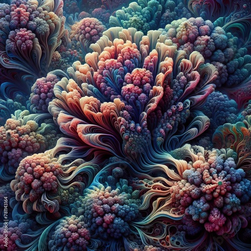 A complex fractal image that evokes the beauty of coral blossoms, full of depth and vibrant hues, suitable for dynamic visuals. AI Generation