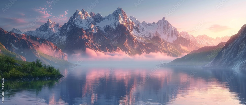 Tranquil mountain lake with morning fog and sunrise