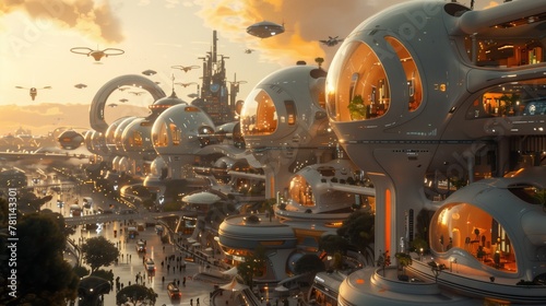 Futuristic Metropolis. Sunset over an Advanced City with High-Tech Infrastructure and Flying Vehicles