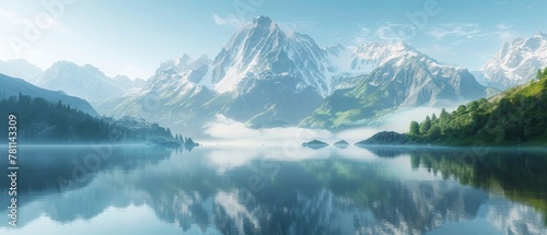 Tranquil mountain lake with morning fog and sunrise #781143309