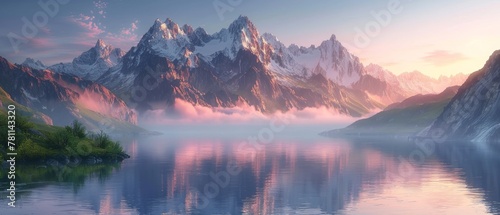 Tranquil mountain lake with morning fog and sunrise © David