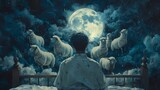 Man Experiencing Insomnia Surrounded by Sheep Under a Full Moon. Surreal dream concept for sleep disorder awareness, illustration for mental health, and relaxation theme.