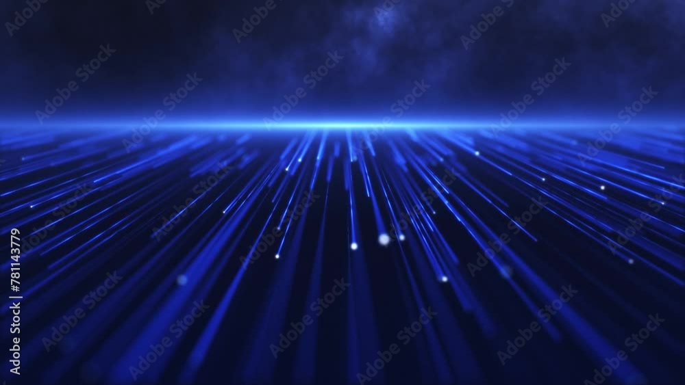 A stream of flowing blue digital fiber optic light data node particles. Communications and connectivity concept. Full HD and looping technology motion background animation.