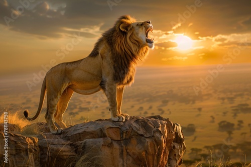 Majestic lion's roar echoes across the savannah, a powerful call from atop a cliff, asserting dominance and presence in the wild photo