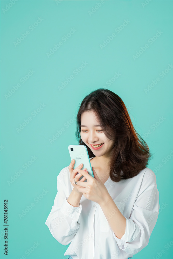 Woman on mint background looking at phone and smiling
Woman on mint background looking at phone and smiling