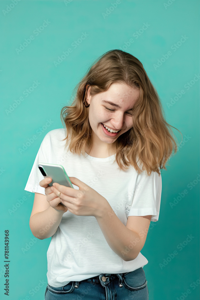 Woman on mint background looking at phone and smiling
Woman on mint background looking at phone and smiling