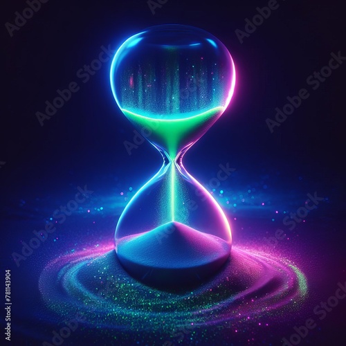Ethereal hourglass illustration with a neon glow, creating a magical illusion of time captured within cosmic particles. AI Generation