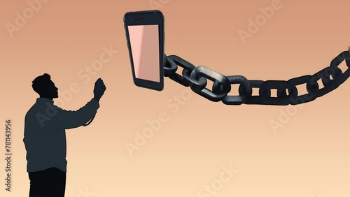 Man trapped by his phone, symbolizing addiction to social media. Concept of digital dependency and anxiety about being disconnected. photo