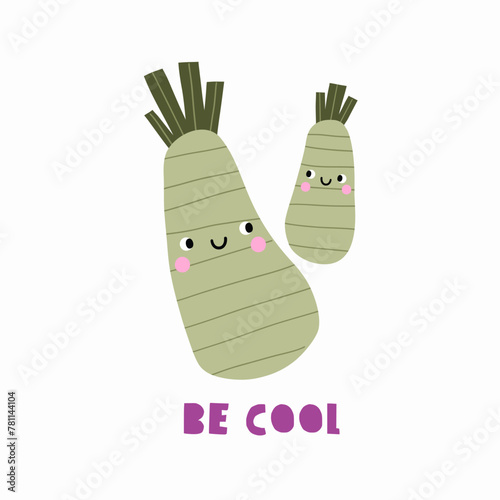 Cute cartoon vegetables characters. Eco veggies, healthy vitamin food. Organic natural eating, nutrition. Vector illustration in flat style. Mom and baby zucchini