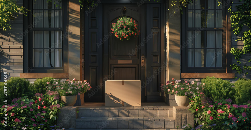 cardboard box is placed on the front door of an American home, ready for delivery. summer season. The house has flowers in the yard. 3D rendering