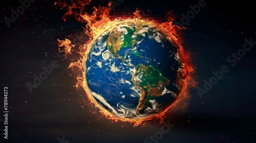A dramatic portrayal of Earth consumed by flames underscores the critical need to address climate change urgently. It urges swift action to mitigate the impacts of global warming. 