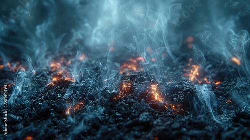 This photo captures a close-up view of fiery flames and billowing smoke against a stark black background. photo