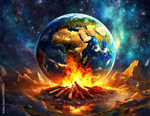 Globe burning Climate change Campfire Space warming Universe symbolic