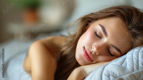Resting gracefully in bed, a young woman radiates serenity, a vision of tranquil sleep. Her serene expression and relaxed posture speak volumes of profound relaxation and restful rejuvenation.