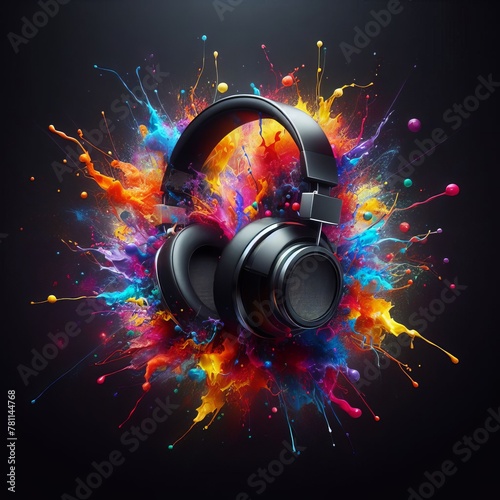 Premium headphones encapsulated in a vivid explosion of paint, depicting an energetic and high-fidelity audio experience. AI Generation