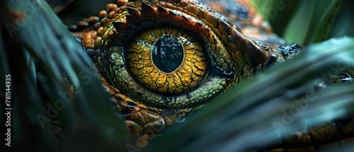Close-up of a crocodile's eye among lush greenery photo