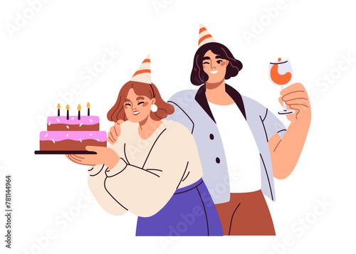 Happy birthday celebration. Joyful couple, smiling man and woman with festive bday cake, candles, wineglass. Cheerful excited people celebrating. Flat vector illustration isolated on white background