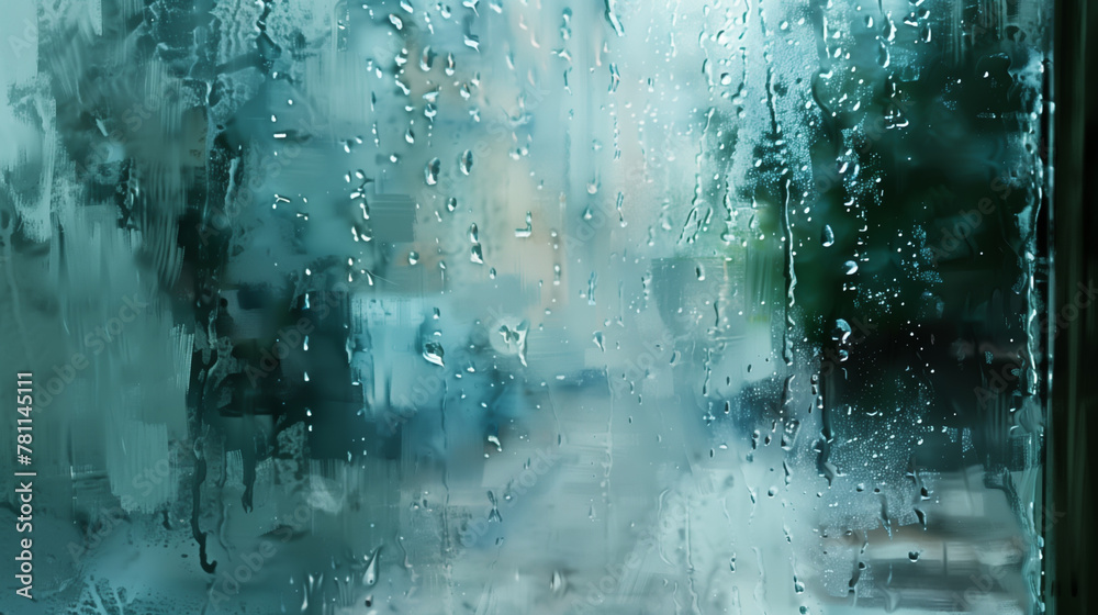 Raindrops on a window pane overlooking blurred city buildings, moody and contemplative scene. Raindrops on a window pane overlooking blurred city buildings, moody and contemplative scene.