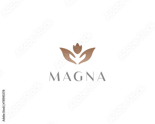 Abstract flower in hands premium logo. Creative gardening  sign. Universal plant garden florist icon.