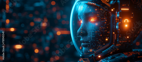 Artificial intelligence concept. Digital human head, face. Cyber mind.	
