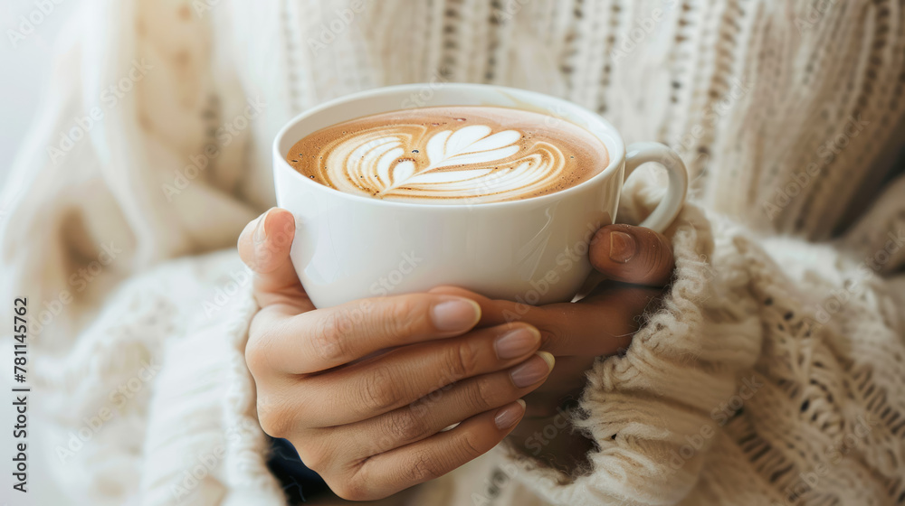 female hands in a warm sweater holding mug of delicious cappuccino coffee with latte art. Cafe menu, coffee house promotion female hands in a warm sweater holding mug of delicious cappuccino coffee with latte art. Cafe menu, coffee house promotion
