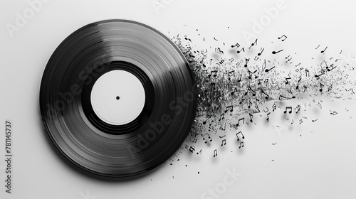 Vinyl Disc with Scattered Music Notes on White Background photo