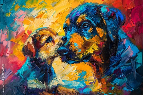 Oil painting, mother dog and puppy in abstract, palette knife style, with Mothers Day vibrant colors on a lively background, and striking lighting photo
